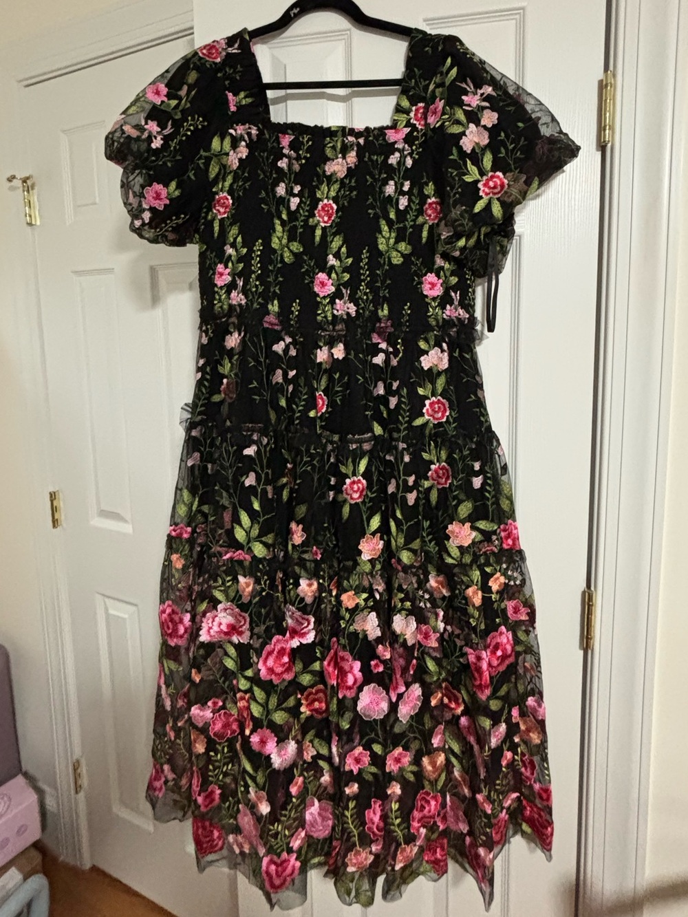 JessaKae Black Floral Midi Dress with Pink & Green Embroidery